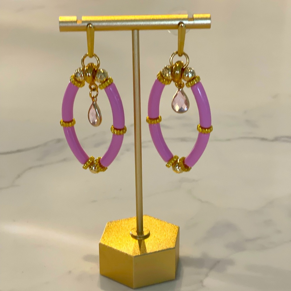 Elegant Pink & Gold Diamond shape Earrings with light pink teardrop